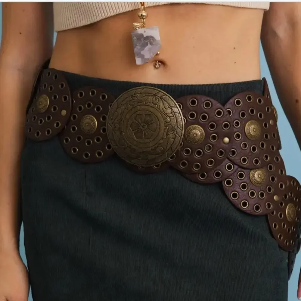 One Size Western Boho Embellished Circle Belt Brown Gold Big Buckle